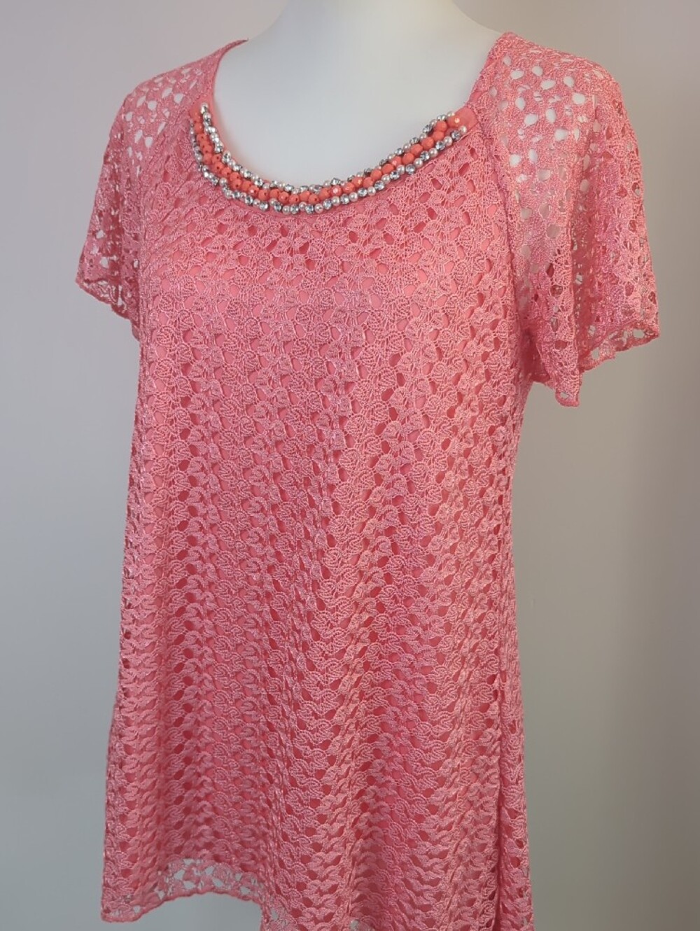 Brittany Black Coral Pink Lace Overlay Blouse Scoop Neck Beaded Embellished Top - Picture 11 of 14